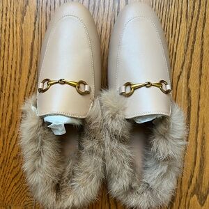 Beige Loafers with Faux Fur Trim